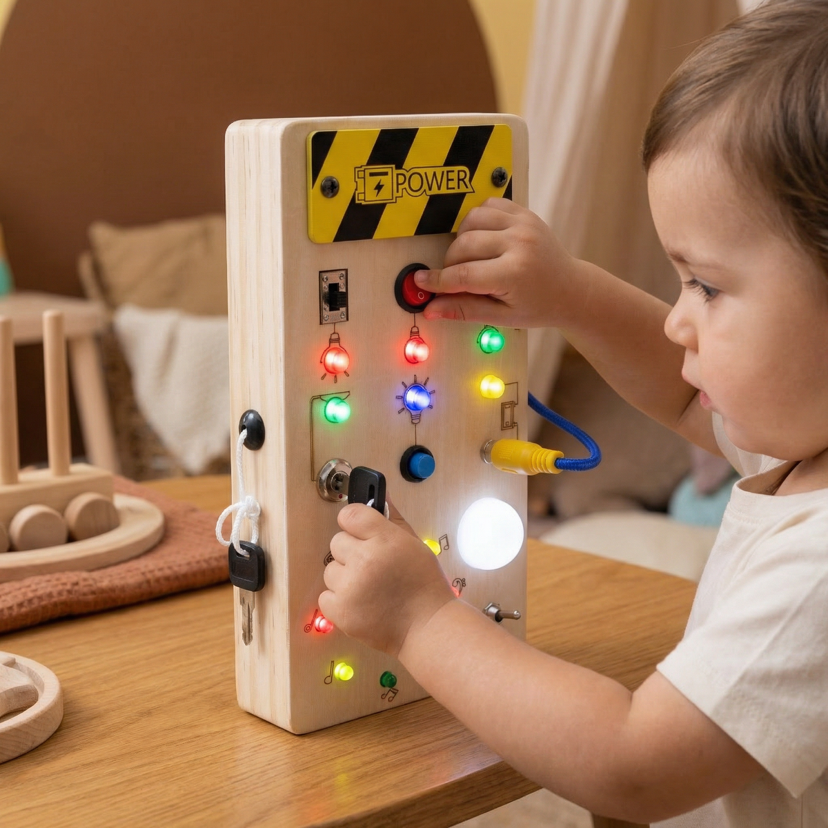 Tablero sensorial Montessori de madera con luces e interruptores – juguete de motricidad para niños