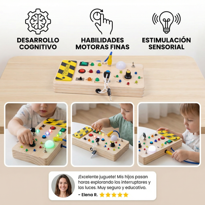 Tablero sensorial Montessori de madera con luces e interruptores – juguete de motricidad para niños