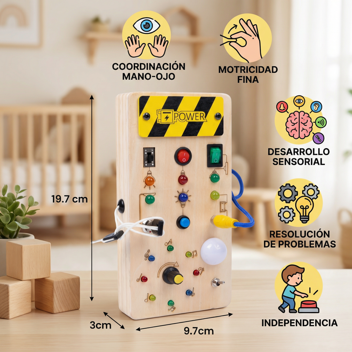 Tablero sensorial Montessori de madera con luces e interruptores – juguete de motricidad para niños