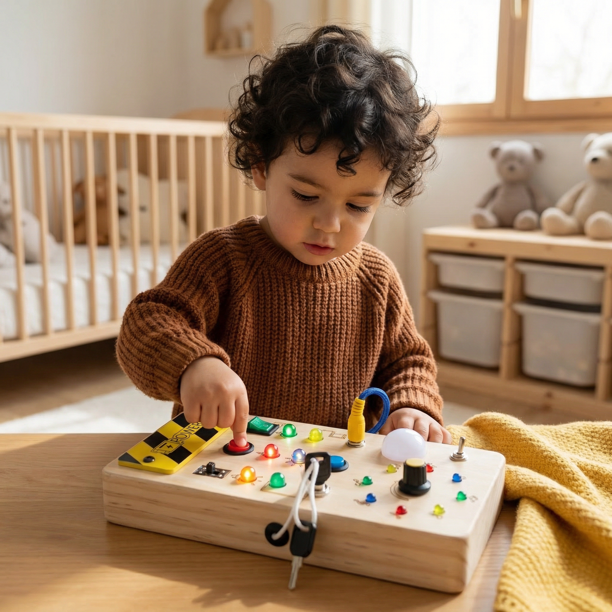 Tablero sensorial Montessori de madera con luces e interruptores – juguete de motricidad para niños