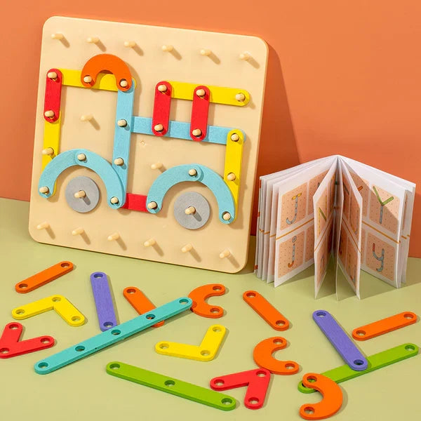 Puzzle de tablero de clavijas Montessori para niños | Juguete creativo de combinar formas con letras y números para el aprendizaje temprano